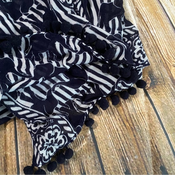 Crown & Ivy Blue White Elephant Print Pom Pom Soft Viscose Scarf - Picture 3 of 4